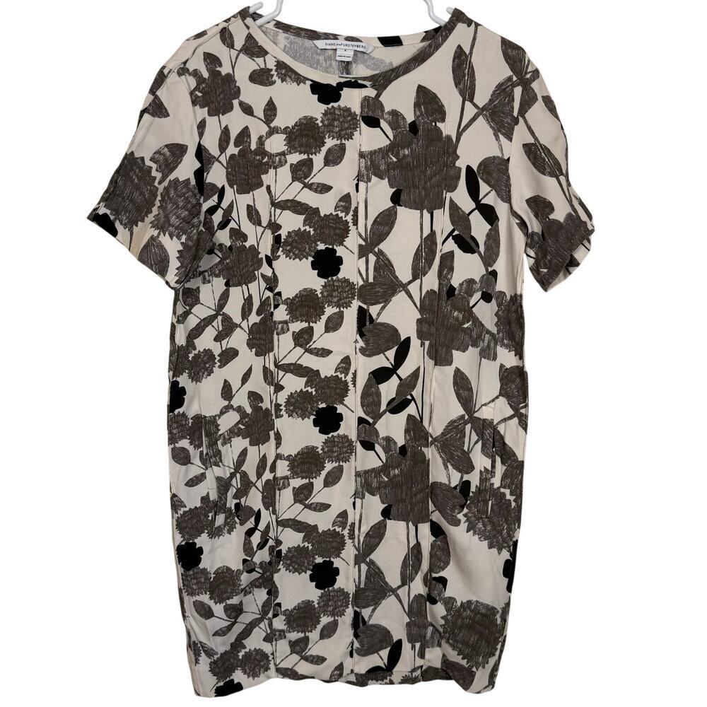 Diane Von Furstenberg Brenda Cocoon Dress Floral Pockets Black Cream Size 6 EUC